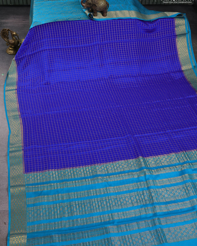 Pure mysore silk saree royal blue and cs blue with allover zari checked pattern and zari woven border