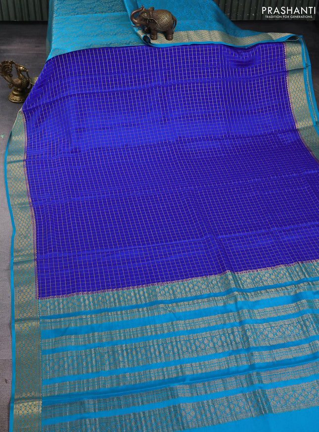 Pure mysore silk saree royal blue and cs blue with allover zari checked pattern and zari woven border