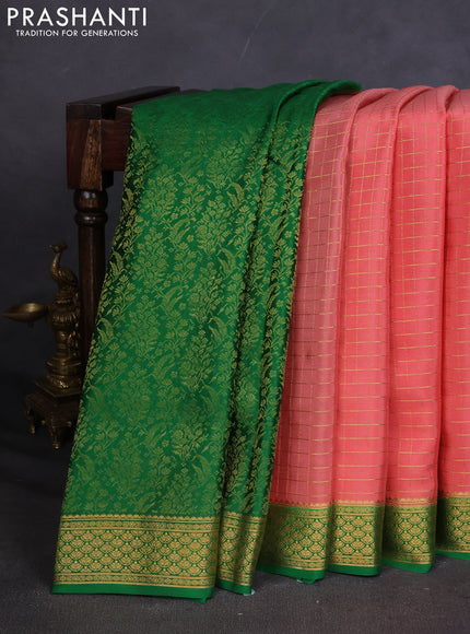 Pure mysore silk saree peach orange and green with allover zari checked pattern and zari woven border