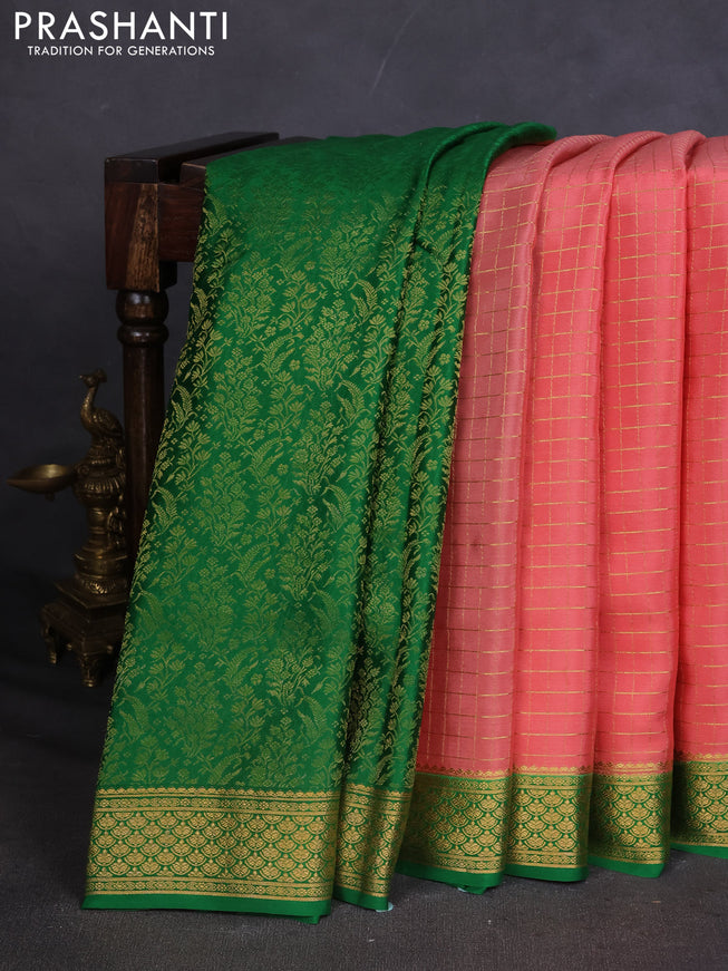 Pure mysore silk saree peach orange and green with allover zari checked pattern and zari woven border