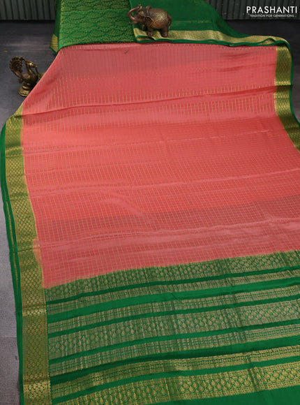 Pure mysore silk saree peach orange and green with allover zari checked pattern and zari woven border