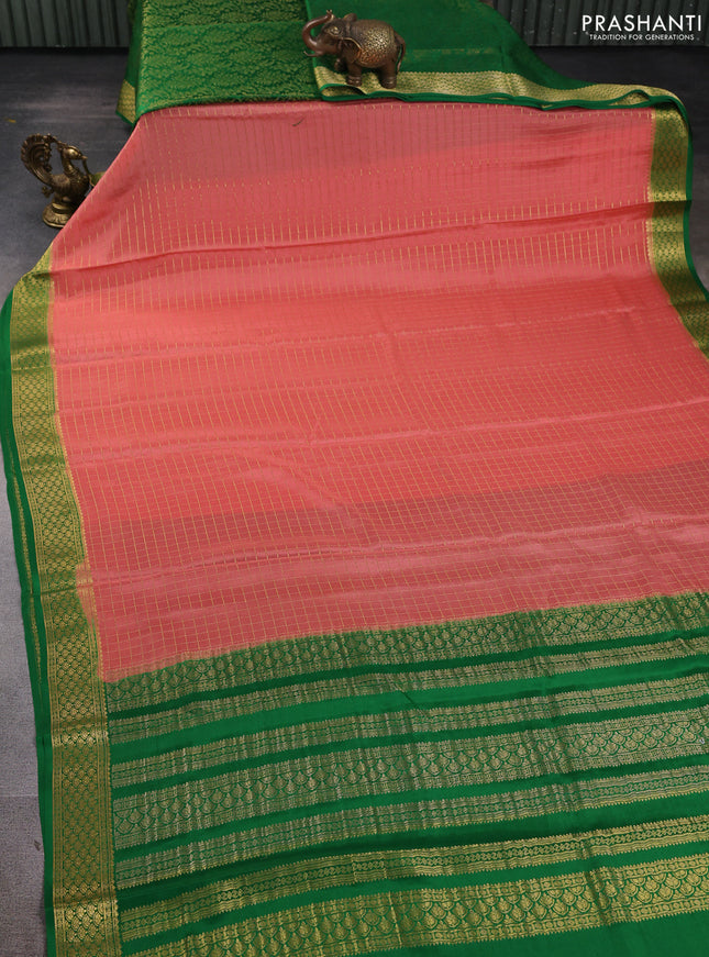 Pure mysore silk saree peach orange and green with allover zari checked pattern and zari woven border