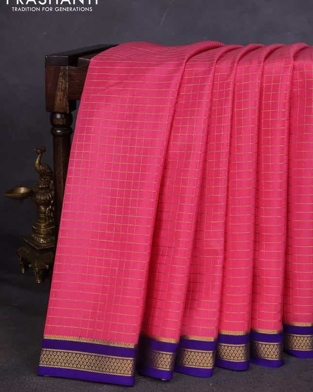 Pure mysore silk saree light pink and blue with allover zari checked pattern and zari woven border