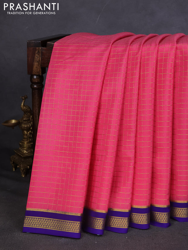 Pure mysore silk saree light pink and blue with allover zari checked pattern and zari woven border