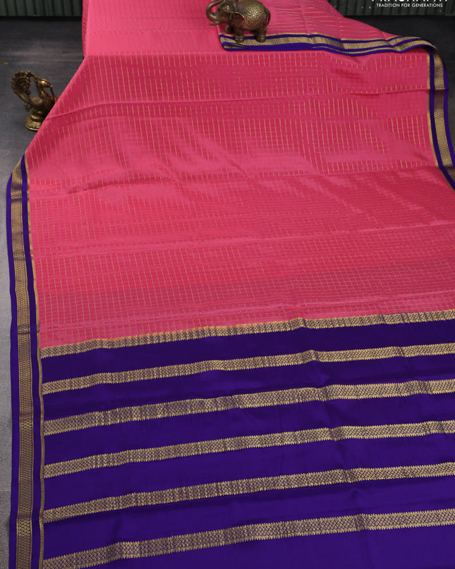 Pure mysore silk saree light pink and blue with allover zari checked pattern and zari woven border