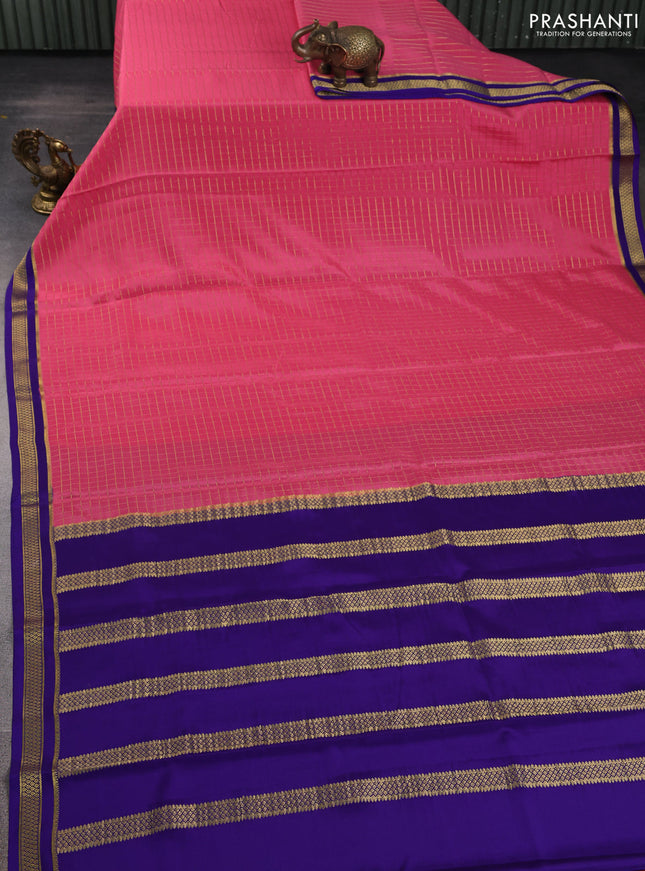 Pure mysore silk saree light pink and blue with allover zari checked pattern and zari woven border