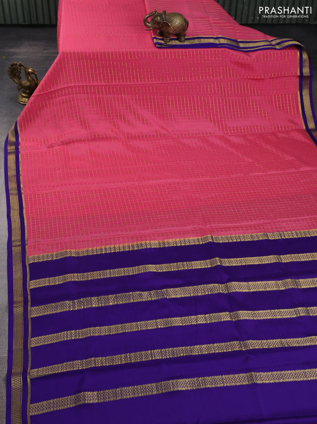 Pure mysore silk saree light pink and blue with allover zari checked pattern and zari woven border