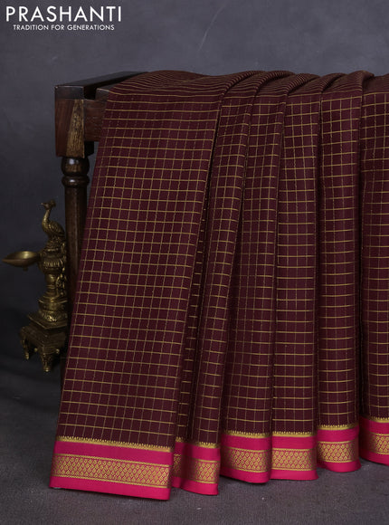 Pure mysore silk saree deep maroon and pink with allover zari checked pattern and zari woven border
