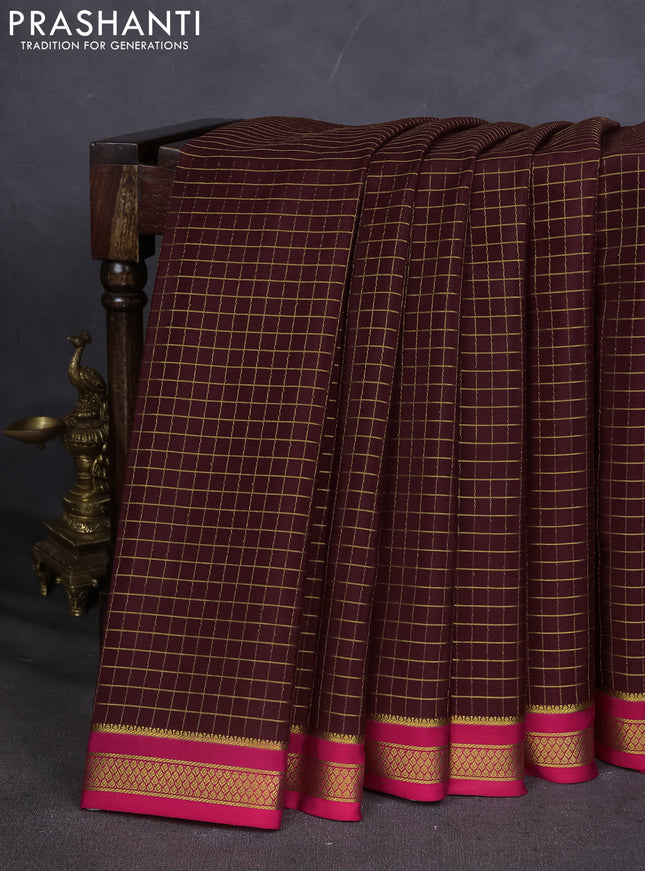Pure mysore silk saree deep maroon and pink with allover zari checked pattern and zari woven border