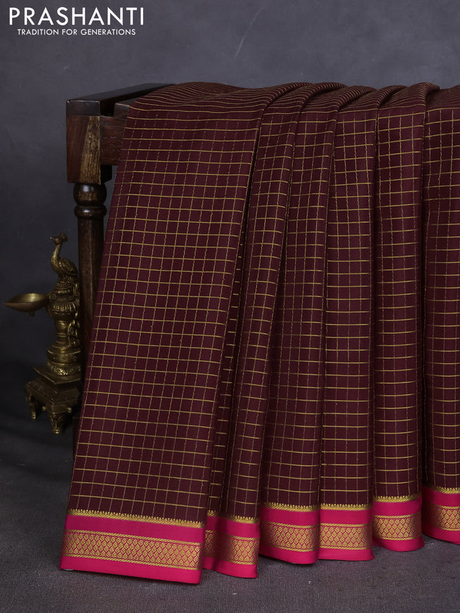 Pure mysore silk saree deep maroon and pink with allover zari checked pattern and zari woven border