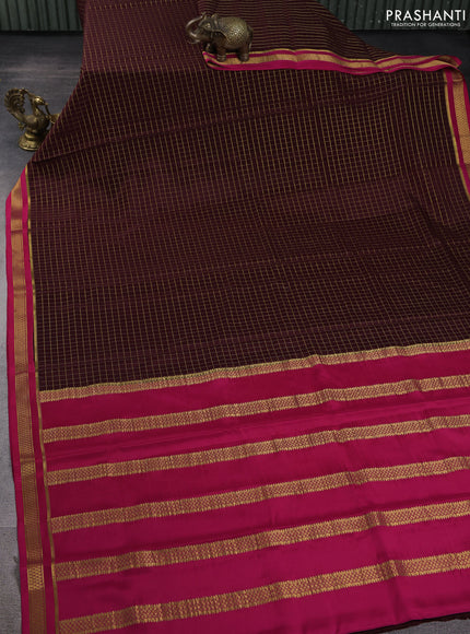 Pure mysore silk saree deep maroon and pink with allover zari checked pattern and zari woven border