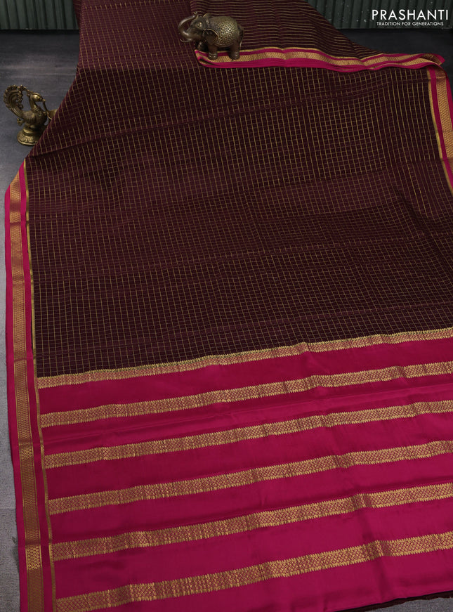 Pure mysore silk saree deep maroon and pink with allover zari checked pattern and zari woven border
