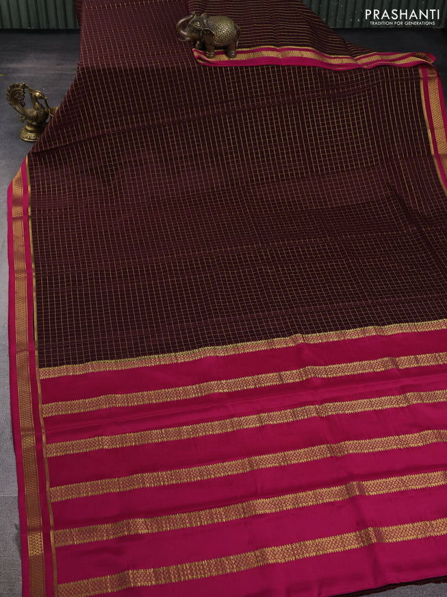 Pure mysore silk saree deep maroon and pink with allover zari checked pattern and zari woven border