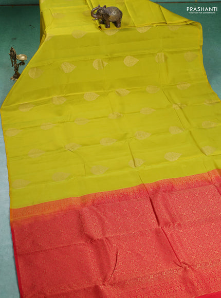Kanchipuram silk saree lime yellow and red with zari woven buttas in borderless style