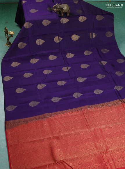 Kanchipuram silk saree violet and red with zari woven buttas in borderless style