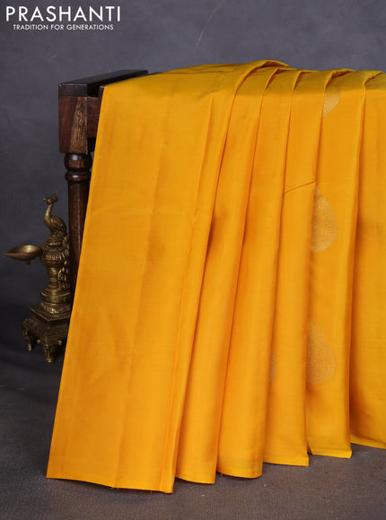 Kanchipuram silk saree mustard yellow and red with zari woven buttas in borderless style