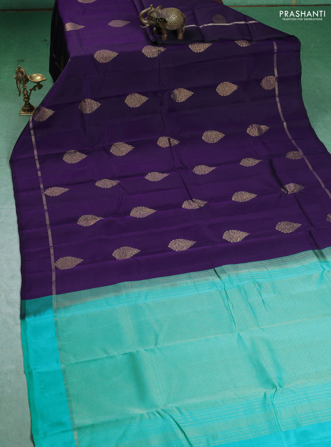 Kanchipuram silk saree violet and teal blue with zari woven buttas and zari woven simple border