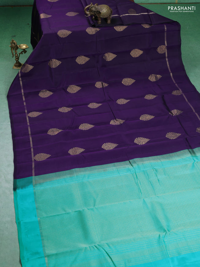 Kanchipuram silk saree violet and teal blue with zari woven buttas and zari woven simple border