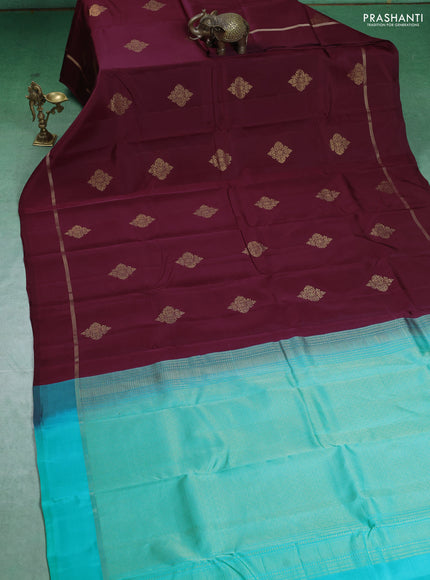 Kanchipuram silk saree maroon and teal blue with zari woven buttas and zari woven simple border
