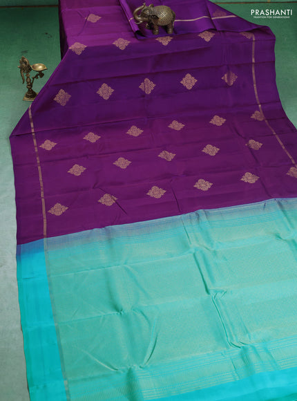 Kanchipuram silk saree purple and teal green with zari woven buttas and zari woven simple border
