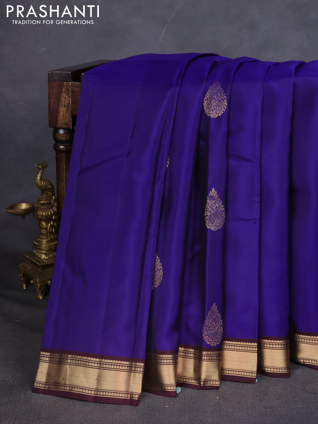 Kanchipuram silk saree blue and wine shade with zari woven buttas and zari woven border