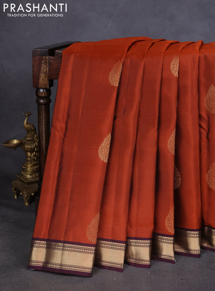 Kanchipuram silk saree orange and deep wine with zari woven buttas and zari woven border