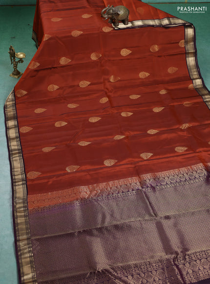Kanchipuram silk saree orange and deep wine with zari woven buttas and zari woven border