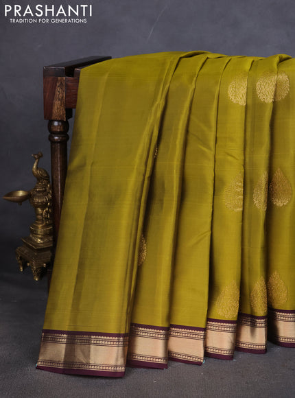 Kanchipuram silk saree mehendi green and deep wine with zari woven buttas and zari woven border