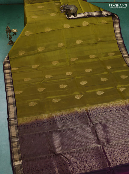Kanchipuram silk saree mehendi green and deep wine with zari woven buttas and zari woven border