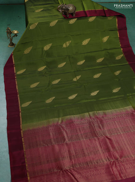 Kanchipuram silk saree mehendi green and maroon with zari woven buttas and zari woven simple border
