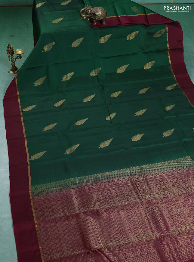 Kanchipuram silk saree green and maroon with zari woven buttas and zari woven simple border