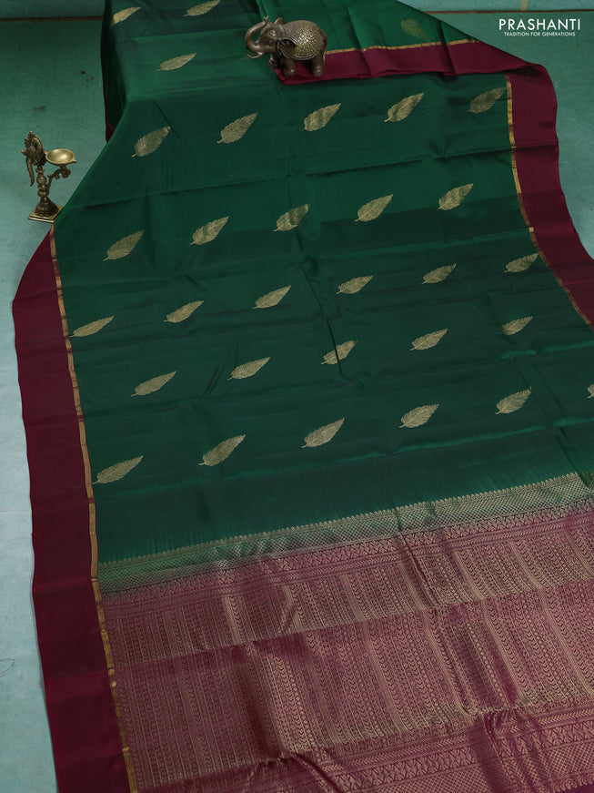 Kanchipuram silk saree green and maroon with zari woven buttas and zari woven simple border