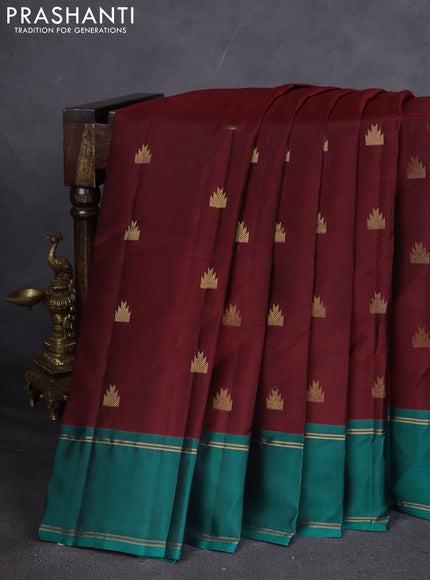 Kanchipuram silk saree maroon and teal green with temple zari woven buttas and rettapet zari woven border