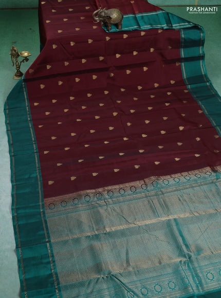 Kanchipuram silk saree maroon and teal green with temple zari woven buttas and rettapet zari woven border