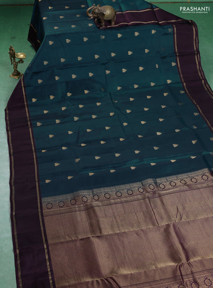 Kanchipuram silk saree peacock green and deep wine with temple zari woven buttas and rettapet zari woven border