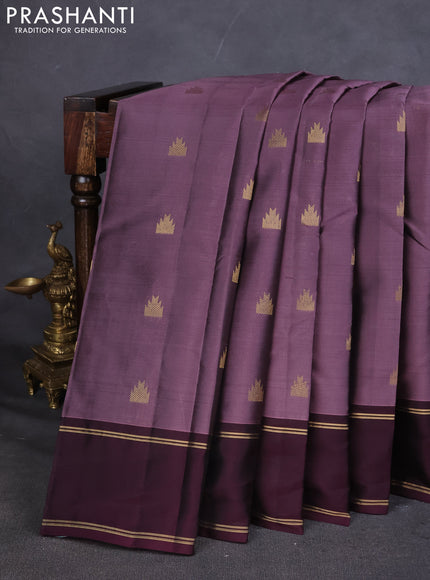 Kanchipuram silk saree pastel lavender and deep wine with temple zari woven buttas and rettapet zari woven border