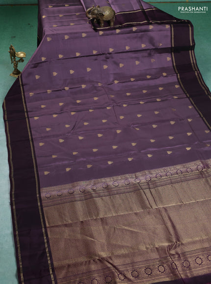Kanchipuram silk saree pastel lavender and deep wine with temple zari woven buttas and rettapet zari woven border
