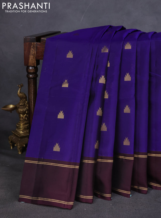 Kanchipuram silk saree blue and deep wine with temple zari woven buttas and rettapet zari woven border