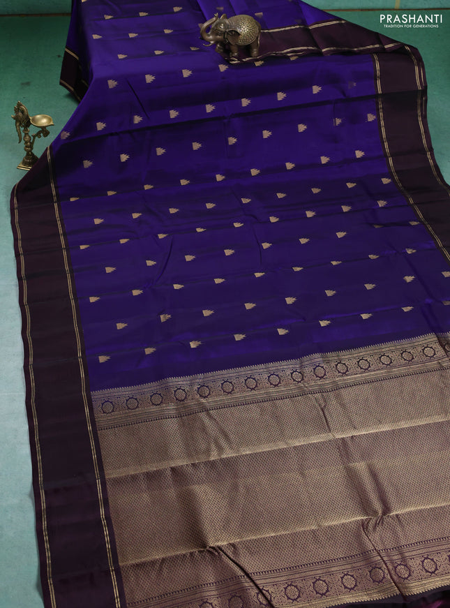 Kanchipuram silk saree blue and deep wine with temple zari woven buttas and rettapet zari woven border
