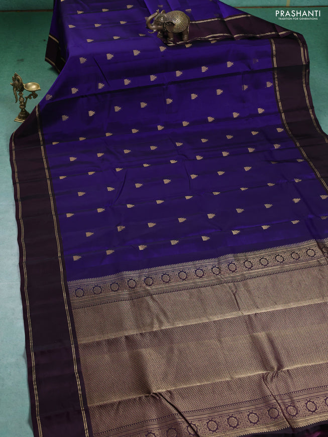 Kanchipuram silk saree blue and deep wine with temple zari woven buttas and rettapet zari woven border