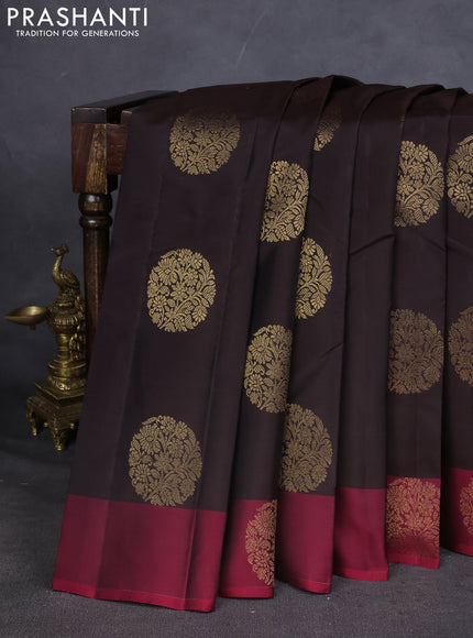 Kanchipuram silk saree coffee brown and maroon with zari woven buttas and zari woven butta border