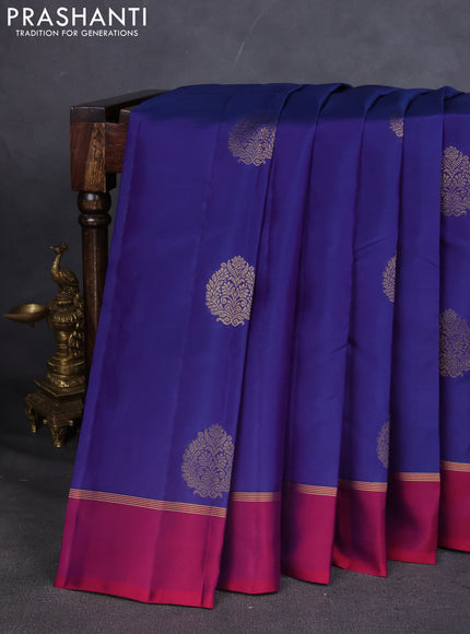 Kanchipuram silk saree blue and dark pink with zari woven buttas and zari woven simple border