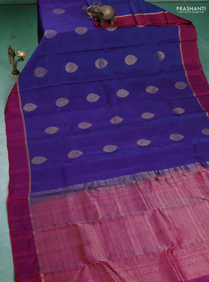 Kanchipuram silk saree blue and dark pink with zari woven buttas and zari woven simple border
