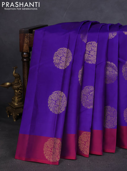 Kanchipuram silk saree blue and magenta pink with zari woven buttas and zari woven butta border