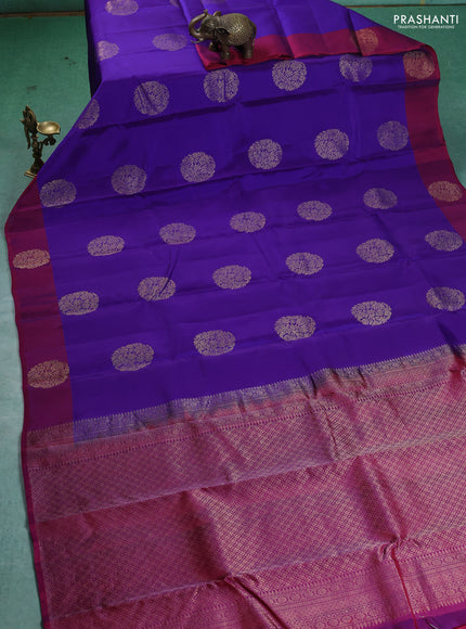 Kanchipuram silk saree blue and magenta pink with zari woven buttas and zari woven butta border