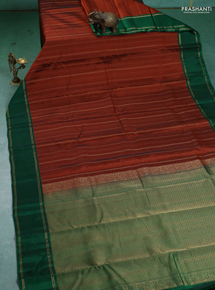 Kanchipuram silk saree orange and green with self emboss & zari weaves and rettapet zari woven border
