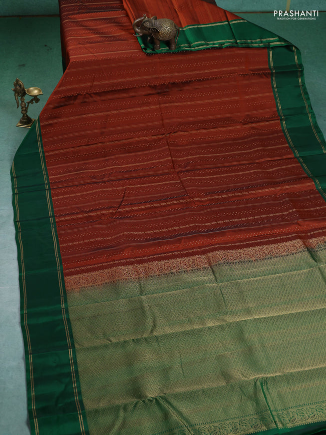 Kanchipuram silk saree orange and green with self emboss & zari weaves and rettapet zari woven border