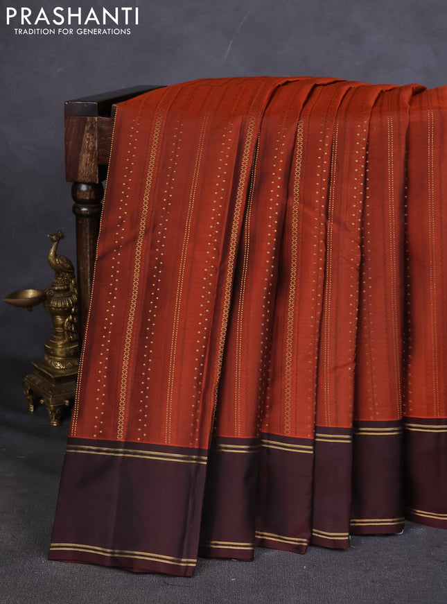 Kanchipuram silk saree rustic orange and deep maroon with self emboss & zari weaves and rettapet zari woven border