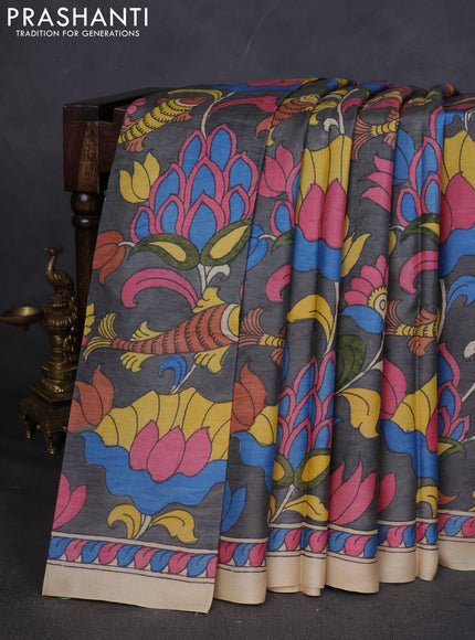 Pure tussar silk saree grey and cream with allover pen kalamkari prints and printed border