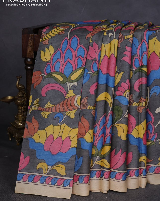 Pure tussar silk saree grey and cream with allover pen kalamkari prints and printed border